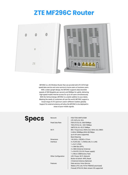 ZTE LTE 4G CAT6 WiFi 5 Indoor Router | ZTE-LTE-MF296C - A2Z COMM SHOP