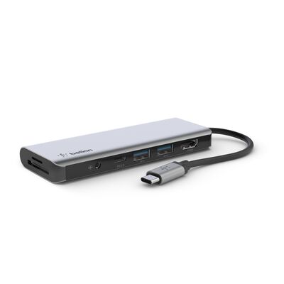 Belkin - 7 in 1 USB-C Mobile Dock - 1x HDMI, 2xUSB Type-A, SD/Micro SD card reader, 3.5 mm, Power Delivery 100 Watt - Silver